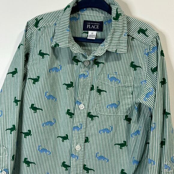 Children's Place Boys Green Striped Dinosaur Button Down Size 4T - Picture 3 of 9